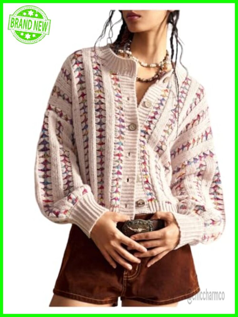 Women's Boho Striped Cropped Cardigan Long Sleeve Button Up Sweater